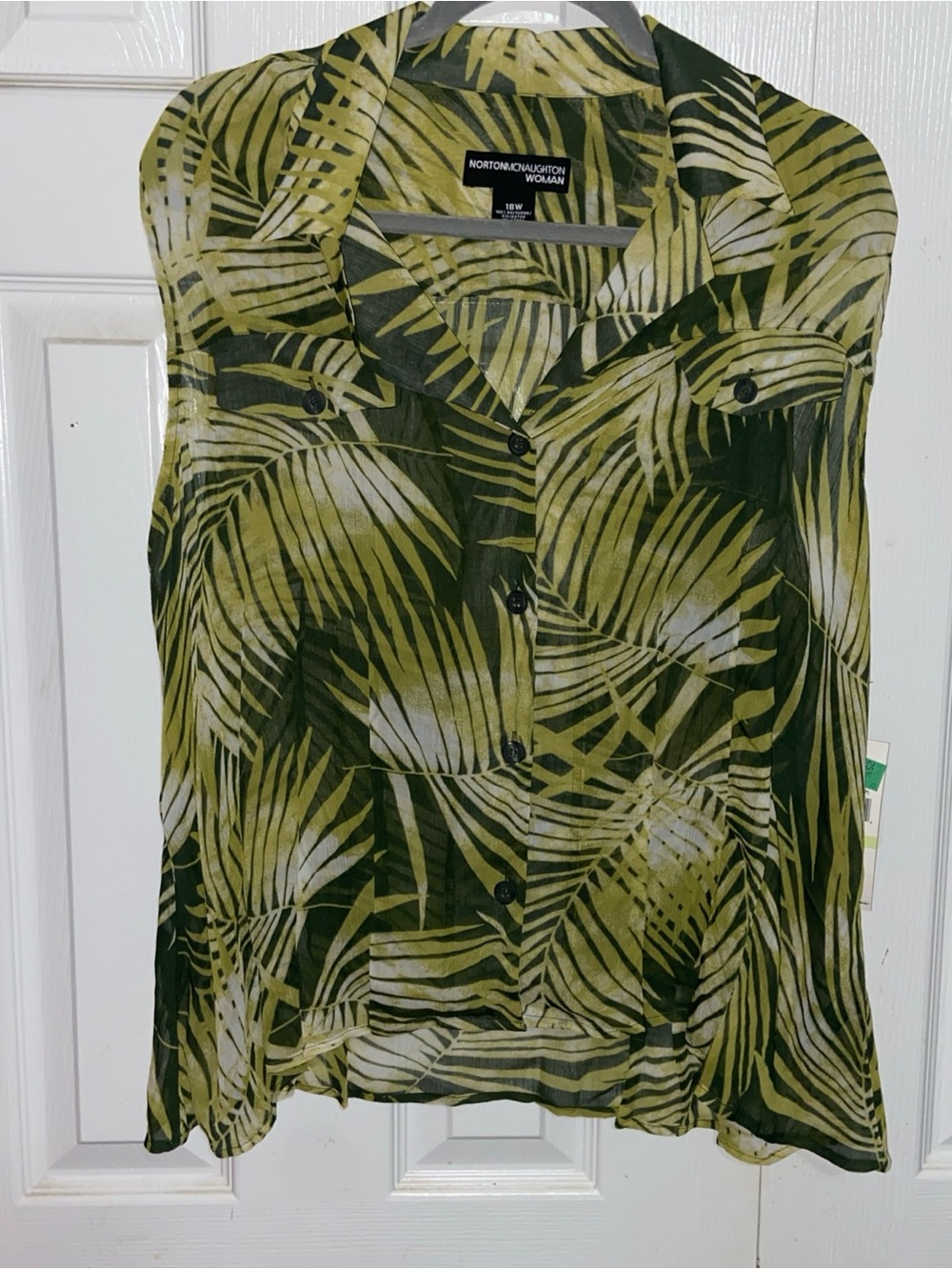 Norton McNaughton Olive and Cream Palm-Print Sleeveless Blouse